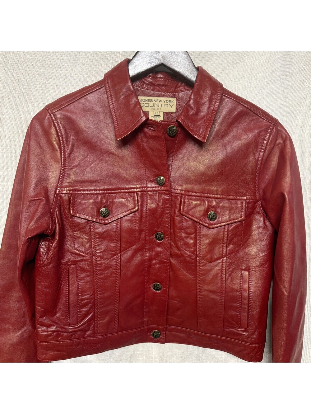 Jones New York Red Leather Jacket Petite 6P Button Front Western Style